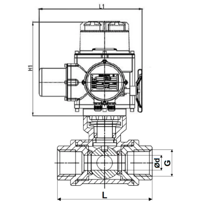 Краны шаровые DN.ru BV3232P(4pc)-SP-3WL-T-ISO-H WDVF Ду32-65 Ру63/40 стандартнопроходные, 3-ходовые L-тип, внутренняя резьба, корпус - нержавеющая сталь AISI 316, уплотнение - PTFE, с электроприводом DN.ru QT-N-M-O2-220VAC-У1