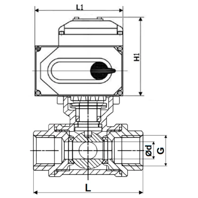 Краны шаровые DN.ru BV3232P(4pc)-SP-3WT-T-ISO-H WDVF Ду25 Ру63 стандартнопроходные, 3-ходовые Т-тип, внутренняя резьба, корпус - нержавеющая сталь AISI 316, уплотнение - PTFE, с электроприводом DN.ru E34-N-EM-O1-220VAC-У1