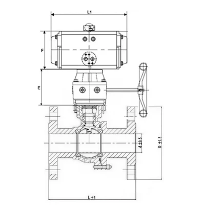 Краны шаровые DN.ru BV3232P(2pc)-FP-F-ISO-H Ду15-250 Ру16/40 полнопроходные двухходовые, нержавеющая сталь 316, фланцевые, уплотнение - PTFE, с пневмоприводом PA-DA и ручным дублером MON