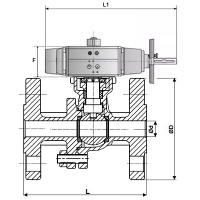 Краны шаровые DN.ru BV3232P(2pc)-FP-F-ISO-H WDVF Ду80-100 Ру16 полнопроходные, фланцевые, корпус - нержавеющая сталь 316, уплотнение - PTFE, с пневмоприводом DN.ru PA-DA-105-1 двойного действия со штурвалом