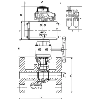 Краны шаровые DN.ru BV3232P(2pc)-FP-F-ISO-H WDVF Ду50-200 Ру40/16 полнопроходные, фланцевые, нержавеющая сталь 316, PTFE, с пневмоприводом PA-DA, пневмораспределителем 4V320-10 220В NAMUR, БКВ APL-210N, БПВ AFC2000 и ручным дублером MON
