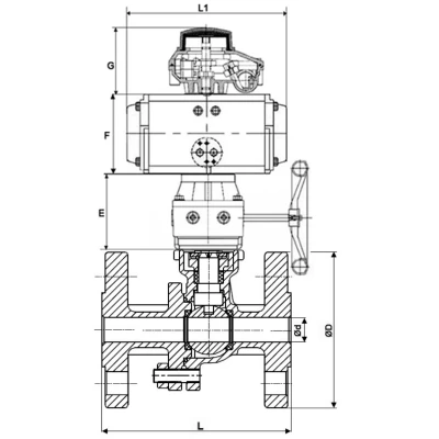 Краны шаровые DN.ru BV3232P(2pc)-FP-F-ISO-H WDVF Ду50-200 Ру40/16 полнопроходные, фланцевые, корпус - нержавеющая сталь 316, уплотнение - PTFE, с пневмоприводом PA-DA, БКВ APL-210N и ручным дублером MON