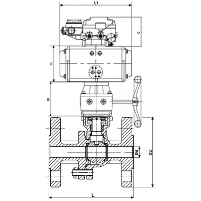Кран шаровой DN.ru BV3232P(2pc)-FP-F-ISO-H WDVF Ду50 Ру40 полнопроходной, фланцевый, нержавеющая сталь 316, PTFE, с пневмоприводом PA-DA-083, ручным дублером MON1-250-T26-ISO и электропневматическим поворотным позиционером YT-1000RSN с обратной связью