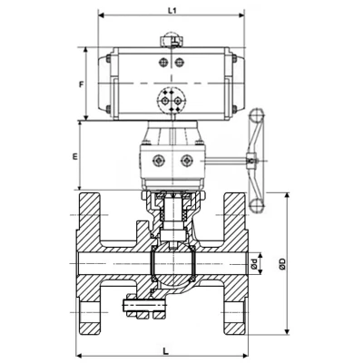 Краны шаровые DN.ru BV3232P(2pc)-FP-F-ISO-H WDVF Ду50-200 Ру40/16 полнопроходные, фланцевые, корпус - нержавеющая сталь 316, уплотнение - PTFE, с пневмоприводом PA-DA, пневмораспределителем 4V320-10 220В NAMUR и ручным дублером MON