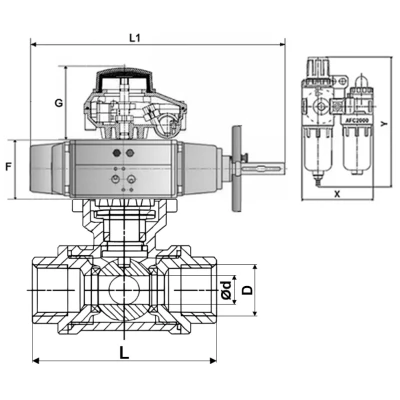 Краны шаровые DN.ru BV3232P(4pc)-SP-3WL-T-ISO-H WDVF Ду65 Ру40 стандартнопроходные, 3-ходовые L-тип, внутренняя резьба, нержавеющая сталь AISI 316, PTFE, с пневмоприводом PA-DA-105-1, пневмораспределителем 4М310-08 220В NAMUR, БКВ APL-210N и БПВ AFC2000