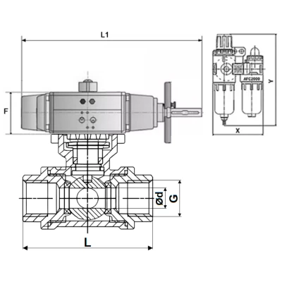 Краны шаровые DN.ru BV3232P(4pc)-SP-3WL-T-ISO-H WDVF Ду65 Ру40 стандартнопроходные, 3-ходовые L-тип, внутренняя резьба, нержавеющая сталь AISI 316, PTFE, с пневмоприводом PA-DA-105-1, пневмораспределителем 4V320-08 220В NAMUR и БПВ AFC2000