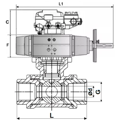 Краны шаровые DN.ru BV3232P(4pc)-SP-3WL-T-ISO-H WDVF Ду65 Ру40 стандартнопроходные, 3-ходовые L-тип, внутренняя резьба, нержавеющая сталь AISI 316, с пневмоприводом PA-DA-105-1 и электропневматическим поворотным позиционером YT-1000RSN без обратной связи