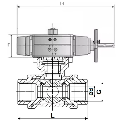 Краны шаровые DN.ru BV3232P(4pc)-SP-3WL-T-ISO-H WDVF Ду65 Ру40 стандартнопроходные, 3-ходовые L-тип, внутренняя резьба, корпус - нержавеющая сталь AISI 316, уплотнение - PTFE, с пневмоприводом DN.ru PA-DA-105-1 двойного действия со штурвалом