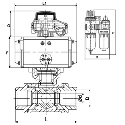Краны шаровые DN.ru BV3232P(4pc)-SP-3WT-T-ISO-H WDVF Ду25 Ру63 стандартнопроходные, 3-ходовые Т-тип, внутренняя резьба, нержавеющая сталь AISI 316, PTFE, с пневмоприводом PA-DA, пневмораспределителем 4М310-08 220В NAMUR, БКВ APL-410N EX и БПВ AFC2000