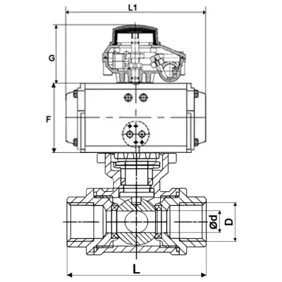Краны шаровые DN.ru BV3232P(4pc)-SP-3WL-T-ISO-H WDVF Ду32-65 Ру63/40 стандартнопроходные, 3-ходовые L-тип, внутренняя резьба, корпус - нержавеющая сталь AISI 316, уплотнение - PTFE, с пневмоприводом PA-DA и БКВ APL-410N EX