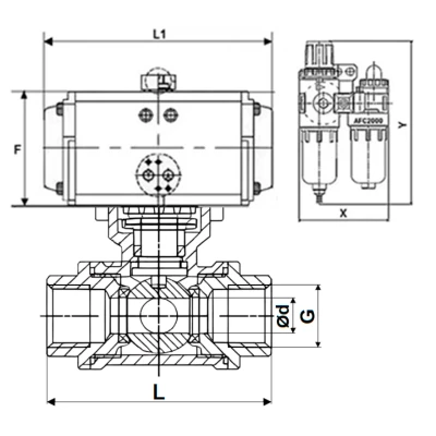 Краны шаровые DN.ru BV3232P(4pc)-SP-3WL-T-ISO-H WDVF Ду40-65 Ру63/40 стандартнопроходные, 3-ходовые L-тип, внутренняя резьба, нержавеющая сталь AISI 316, PTFE, с пневмоприводом PA-SA, пневмораспределителем 4V320-08 220В NAMUR и БПВ AFC2000