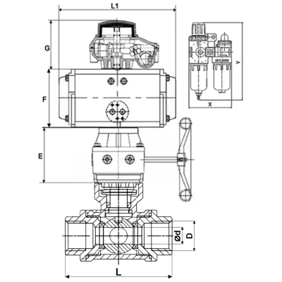 Краны шаровые DN.ru BV3232P(4pc)-SP-3WT-T-ISO-H WDVF Ду25 Ру63 стандартнопроходные, 3-ходовые Т-тип, внутренняя резьба, с пневмоприводом PA-DA, пневмораспределителем 4V320-10 220В NAMUR, БКВ APL-410N EX, БПВ AFC2000 и ручным дублером MON