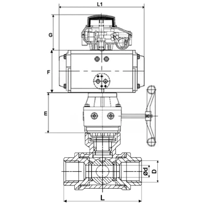 Краны шаровые DN.ru BV3232P(4pc)-SP-3WL-T-ISO-H WDVF Ду32-65 Ру63/40 стандартнопроходные, 3-ходовые L-тип, внутренняя резьба, корпус - нержавеющая сталь AISI 316, уплотнение - PTFE, с пневмоприводом PA-DA, БКВ APL-410N EX и ручным дублером MON