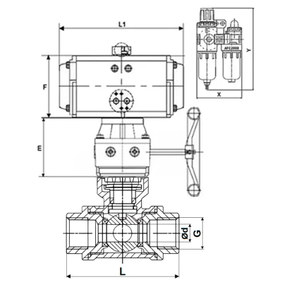 Краны шаровые DN.ru BV3232P(4pc)-SP-3WL-T-ISO-H WDVF Ду32-65 Ру63/40 стандартнопроходные, 3-ходовые L-тип, внутренняя резьба, с пневмоприводом PA-DA, пневмораспределителем 4М310-08 220В NAMUR, БПВ AFC2000 и ручным дублером MON
