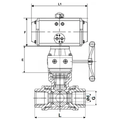 Краны шаровые DN.ru BV3232P(4pc)-SP-3WT-T-ISO-H WDVF Ду25 Ру63 стандартнопроходные, 3-ходовые Т-тип, внутренняя резьба, нержавеющая сталь AISI 316, с пневмоприводом PA-DA, пневмораспределителем 4М310-08 220В NAMUR и ручным дублером MON