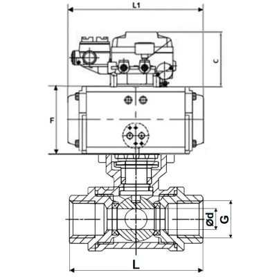 Краны шаровые DN.ru BV3232P(4pc)-SP-3WL-T-ISO-H WDVF Ду40-65 Ру63/40 стандартнопроходные, 3-ходовые L-тип, внутренняя резьба, нержавеющая сталь AISI 316, с пневмоприводом PA-SA и электропневматическим поворотным позиционером YT-1000RSN без обратной связи