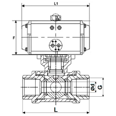 Краны шаровые DN.ru BV3232P(4pc)-SP-3WT-T-ISO-H WDVF Ду25 Ру63 стандартнопроходные, 3-ходовые Т-тип, внутренняя резьба, нержавеющая сталь AISI 316, с пневмоприводом PA-DA, пневмораспределителем 4V320-08 220В NAMUR и магнитным переключателем ALS200D
