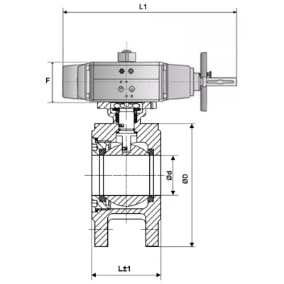 Краны шаровые DN.ru BV3232P-FP-Fb-ISO-H WDVF Ду80-100 Ру16 полнопроходные, межфланцевые, корпус - нержавеющая сталь 316, уплотнение - PTFE, с пневмоприводом DN.ru PA-DA-105-1 двойного действия со штурвалом