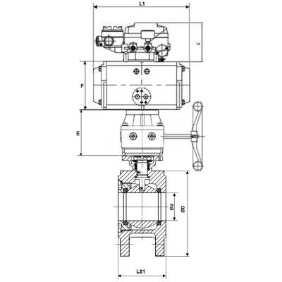 Краны шаровые DN.ru BV3232P-FP-Fb-ISO-H WDVF Ду50-100 Ру16 полнопроходные, межфланцевые, нержавеющая сталь 316, PTFE, с пневмоприводом PA-DA, ручным дублером MON и электропневматическим поворотным позиционером YT-1000RSN с обратной связью