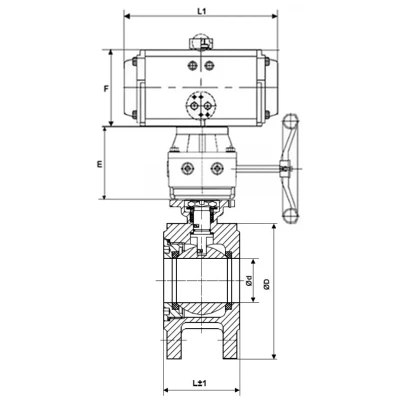 Краны шаровые DN.ru BV3232P-FP-Fb-ISO-H WDVF Ду50-100 Ру16 полнопроходные, межфланцевые, корпус - нержавеющая сталь 316, уплотнение - PTFE, с пневмоприводом PA-DA и ручным дублером MON