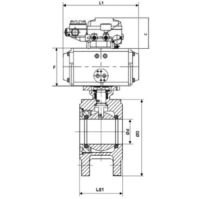 Краны шаровые DN.ru BV3232P-FP-Fb-ISO-H WDVF Ду50-100 Ру16 полнопроходные, межфланцевые, корпус - нержавеющая сталь 316, уплотнение - PTFE, с пневмоприводом PA-DA и электропневматическим поворотным позиционером YT-1000RSN с обратной связью