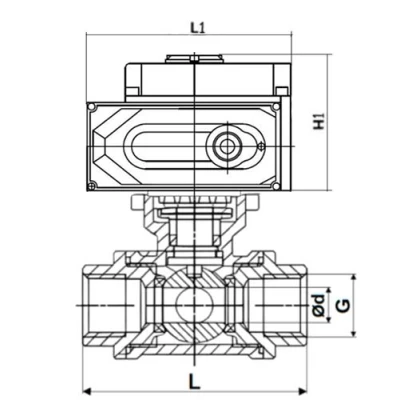 Краны шаровые DN.ru BV3232P(4pc)-SP-3WT-T-ISO-H WDVF Ду25 Ру63 стандартнопроходные, 3-ходовые Т-тип, внутренняя резьба, корпус - нержавеющая сталь AISI 316, уплотнение - PTFE, с электроприводом DN.ru E34-N-EM-O1-220VAC-У1