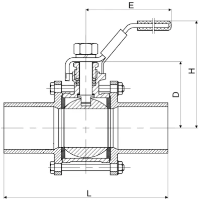 Кран шаровой DN.ru BV3131P(3pc)-FP-W-H LONG Ду10 Ру63 HYMT нержавеющая сталь CF8/AISI 304, полнопроходной, трехсоставной, уплотнение - PTFE, под приварку, с рукояткой