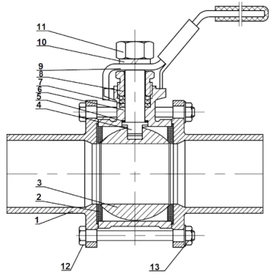 Кран шаровой DN.ru BV3131P(3pc)-FP-W-H LONG Ду10 Ру63 HYMT нержавеющая сталь CF8/AISI 304, полнопроходной, трехсоставной, уплотнение - PTFE, под приварку, с рукояткой