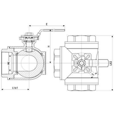 Краны шаровые DN.ru BV3232P(4pc)-SP-3WT-T-ISO-H Ду25-32 Ру63 ZGY, трехходовые T-тип неполнопроходные, резьбовые, материал корпуса - нержавеющая сталь CF8М/AISI 316 с ISO фланцем и рукояткой