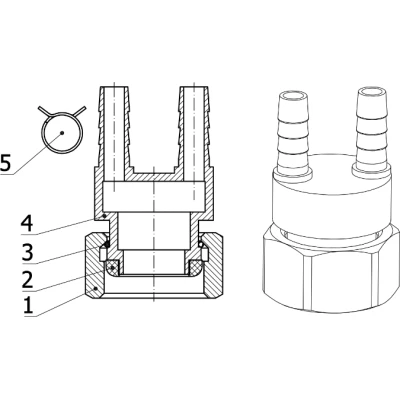 Переходник шланговый DN.ru PCH-10-2 3/4″ Дн10 Ру10, выводов -2, с накидной гайкой и хомутом, внутренняя резьба/штуцер (елочка), корпус - латунь HPb57-3, уплотнение - EPDM