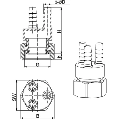 Переходник шланговый DN.ru PCH-10-3 3/4″ Дн10 Ру10, выводов -3, с накидной гайкой и хомутом, внутренняя резьба/штуцер (елочка), корпус - латунь HPb57-3, уплотнение - EPDM