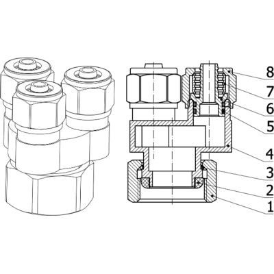Переходник с компрессионным соединением DN.ru PKS-10-3 3/4″ Дн10 Ру10, выводов - 3, для труб PEX, PERT, корпус - латунь HPb57-3, уплотнение - EPDM