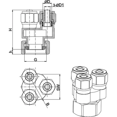 Переходник с компрессионным соединением DN.ru PKS-10-3 3/4″ Дн10 Ру10, выводов - 3, для труб PEX, PERT, корпус - латунь HPb57-3, уплотнение - EPDM