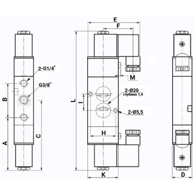 Пневмораспределители DN.ru 4V320-8/10 NAMUR AC220V присоединение 1/4″-3/8″, с двусторонним электромагнитным управлением