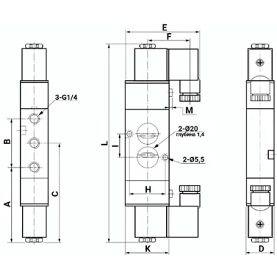 Пневмораспределитель DN.ru 4V320-08 NAMUR AC220V присоединение 1/4″, с двусторонним электромагнитным управлением