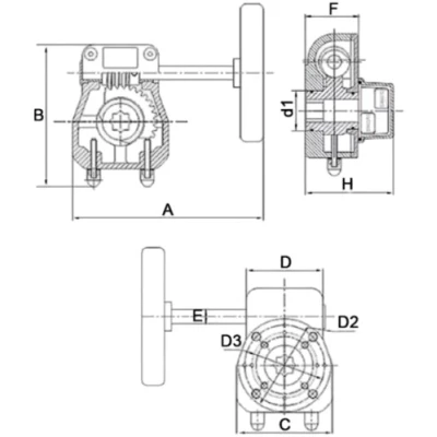 Редуктор четвертьоборотный DN.ru HGBF RQN2-320Z с индикатором положения и датчиком обратной связи, корпус - алюминий, штурвал - 160 мм, квадрат штока 17х17, F07
