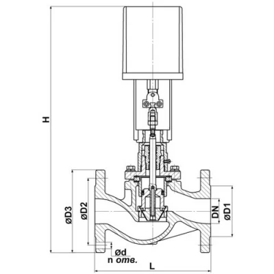 Клапан запорно-регулирующий двухходовой DN.ru 25ч945п GG25-P-LED-F Ду125 Ру16 ETM Kv=200 односедельный, корпус – серый чугун GG25, уплотнение – PTFE, фланцевый с электроприводом LEA-10000 220В, трехпозиционный, без датчика положения, IP54