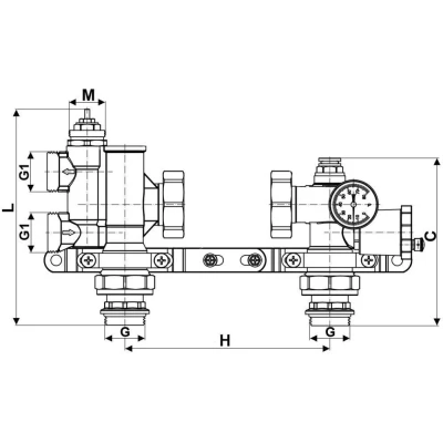 Узел насосно-смесительный DN.ru 1″ Ду25 Ру10 UNS-1 для коллектора, без насоса, корпус -  латунь HPb57-3