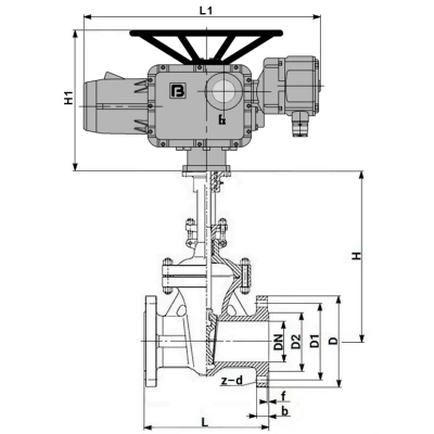 Задвижка клиновая 30с941нж DN.ru GVWR2121M-2W-F-ОСТ Ду300 Ру16 GAIR фланцевая, корпус - сталь 25Л, материал клина - сталь 25Л, уплотнение - металл, с ОСТ-фланцем, с взрывозащищенным электроприводом ГЗ-ВВ.600/24 380В