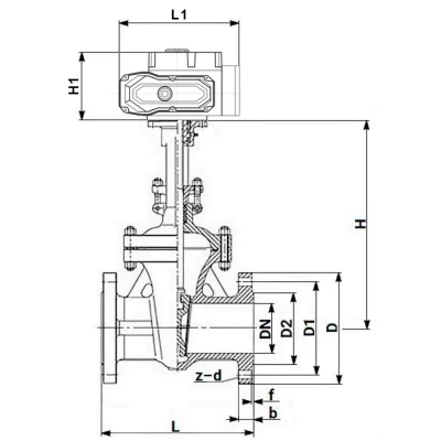 Задвижка клиновая 30с941нж DN.ru GVWR2121M-2W-F-ОСТ Ду50 Ру16 GAIR фланцевая, корпус - сталь 25Л, материал клина - сталь 25Л, уплотнение - металл, с ОСТ-фланцем, с электроприводом DN.ru MT-N-010EM-O1-380VAC-У1