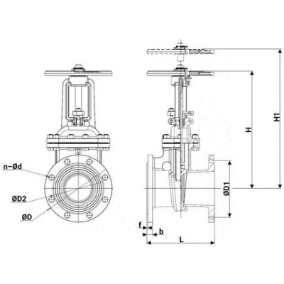 Задвижка клиновая 30с41нж DN.ru GVWR2121M-2W-F-S Ду100 Ру16 фланцевая, корпус - сталь 25Л, материал клина - сталь 25Л, уплотнение - металл, шток - выдвижной, со штурвалом