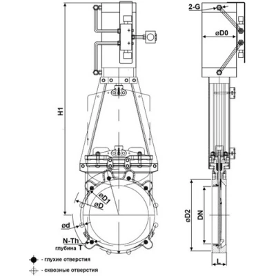 Задвижки шиберные DN.ru GVKR3131E-1W-Fb-2P Ду300 Ру6 односторонние, межфланцевые, шпиндель - выдвижной, корпус - нержавеющая сталь 304, шибер - нержавеющая сталь 304, уплотнение - EPDM, с пневмоприводом, WENZ