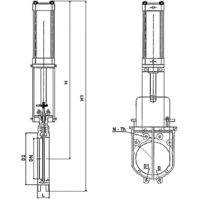 Задвижки шиберные DN.ru GVKR3131M-1W-Fb-2P Ду80 Ру16 межфланцевые, шпиндель - выдвижной, корпус - нержав.сталь 304, шибер - нержав.сталь 304, уплотнение - металл, с пневмоприводом и пневмораспределителем 4V210-08 KUOIN 220В