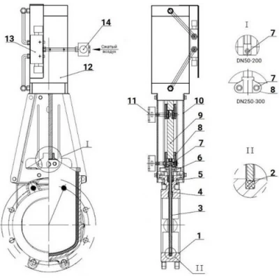 Задвижки шиберные DN.ru GVKR1331E-2W-Fb-2P Ду300 Ру6 WENZ межфланцевые, шпиндель - выдвижной, корпус - чугун GGG40, шибер - нерж.сталь 304, уплотнение - EPDM, с пневмоприводом, пн.распред 4V210-08 24В KUOIN, индук.датчиками LJ12A3-4-Z/EX 24В и БПВ AFC2000