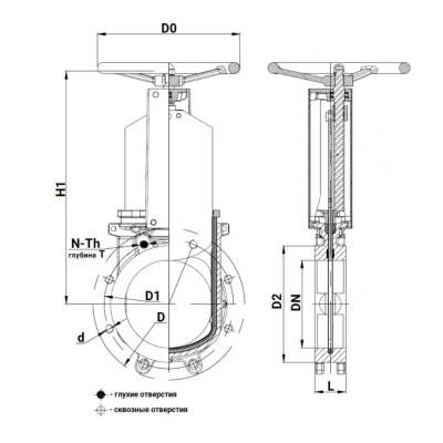 Задвижки шиберные DN.ru GVKN1331N-2W-Fb-S Ду350 Ру6 WENZ межфланцевые, с невыдвижным шпинделем, корпус - чугун GGG40, шибер - нержавеющая сталь SS304, уплотнение - NBR, управление - штурвал