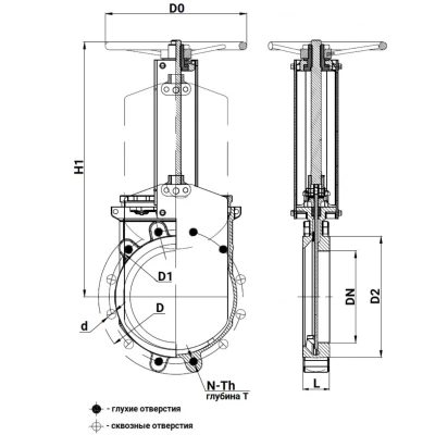 Задвижка шиберная DN.ru GVKR3231M-1W-Fb-S Ду150 Ру10 WENZ односторонняя, межфланцевая, шпиндель - выдвижной, корпус - нержавеющая сталь 316, шибер - нержавеющая сталь 304, уплотнение - металл, управление - штурвал