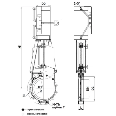 Задвижки шиберные DN.ru GVKR3431M-1W-Fb-2P Ду400 Ру6 WENZ односторонние, межфланцевые, шпиндель - выдвижной, корпус - сталь WCB, шибер - нержавеющая сталь 304, уплотнение - металл, с пневмоприводом