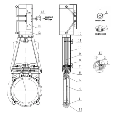 Задвижки шиберные DN.ru GVKR1331E-1W-Fb-2P Ду50-300 Ру6-16 WENZ межфланцевые, шпиндель - выдвижной, корпус - чугун GGG40, шибер - нерж.сталь 304, EPDM, с пн.приводом, пн.распред 4V210-08 24В KUOIN, индукц.датчиками LJ12A3-4-Z/EX 24В и БПВ AFC2000