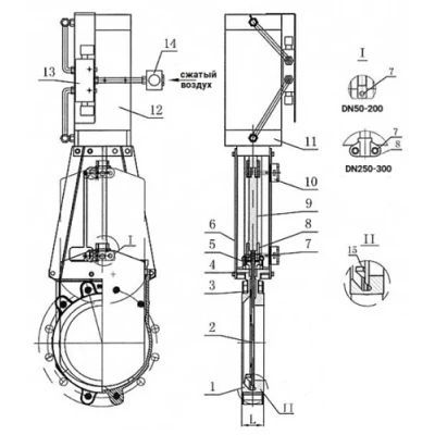 Задвижка шиберная DN.ru GVKR1331M-1W-Fb-2P Ду65 Ру10 WENZ межфланцевая, шпиндель - выдвижной, корпус - чугун GGG40, уплотнение - металл, с пневмоприводом, пневмораспределителем 4V210-08 24В KUOIN