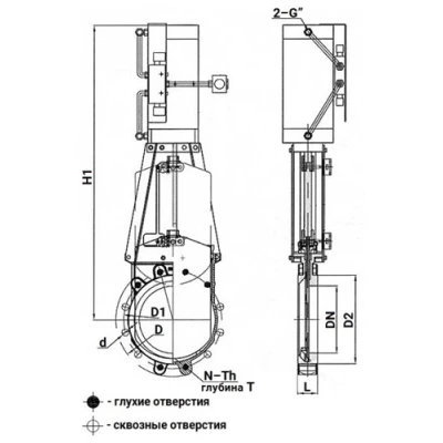Задвижка шиберная DN.ru GVKR1331M-1W-Fb-2P Ду65 Ру10 WENZ межфланцевая, шпиндель - выдвижной, корпус - чугун GGG40, уплотнение - металл, с пневмоприводом, пневмораспределителем 4V210-08 24В KUOIN